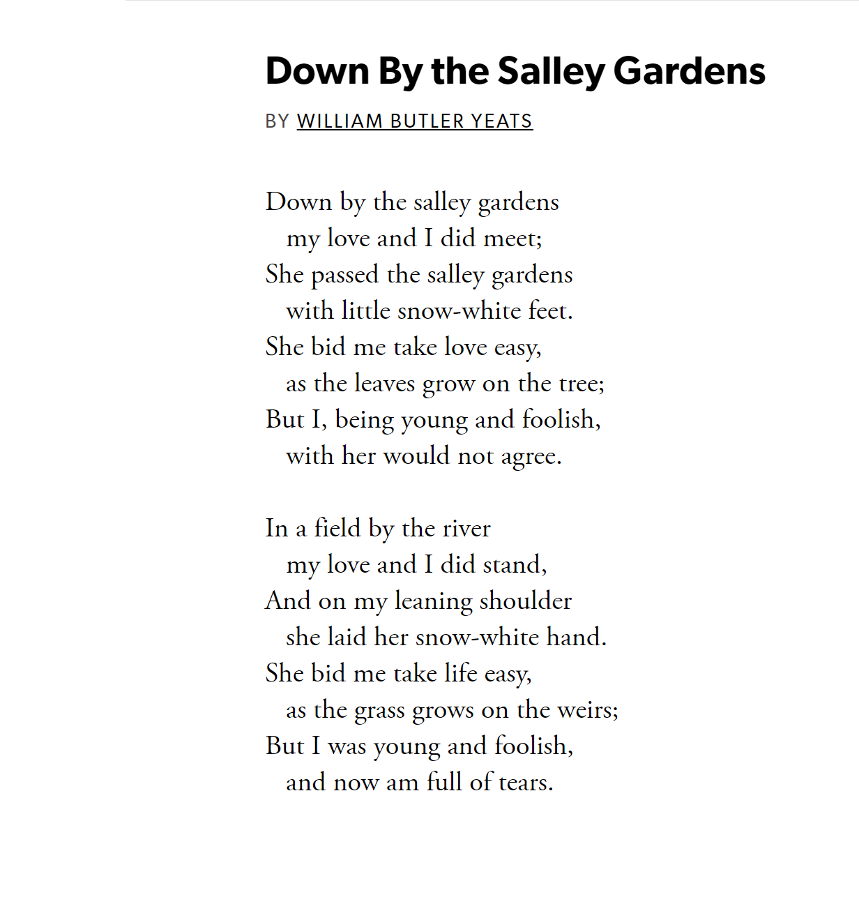 down by the salley gardens by Yeats